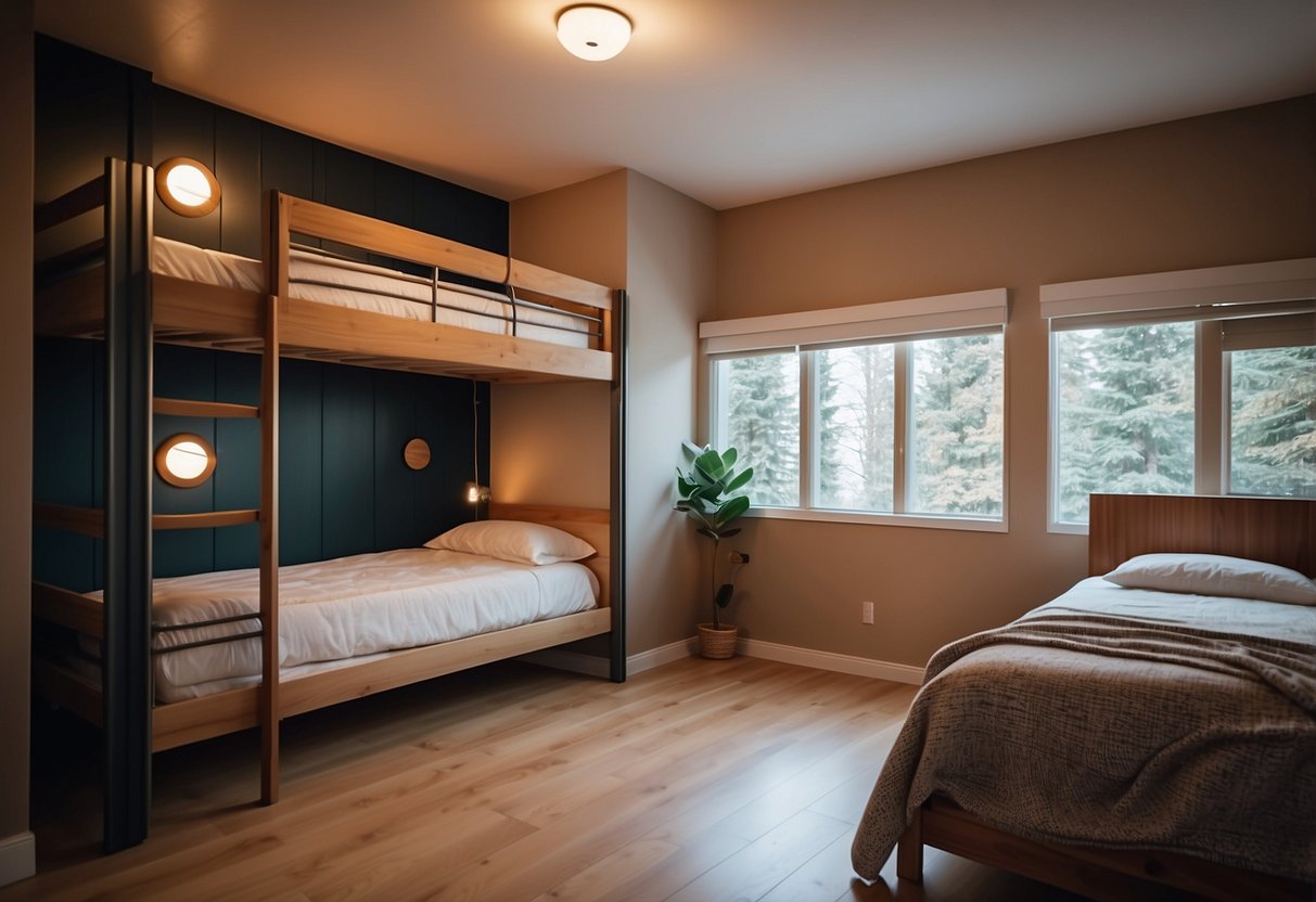 Two sturdy, stylish bunk beds with built-in safety rails and cozy mattresses. Soft, neutral bedding and warm lighting create a comfortable and inviting atmosphere