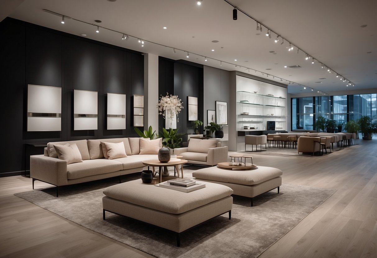 A sleek, minimalist showroom with rows of modern furniture in Toronto. Clean lines, neutral colors, and contemporary designs on display