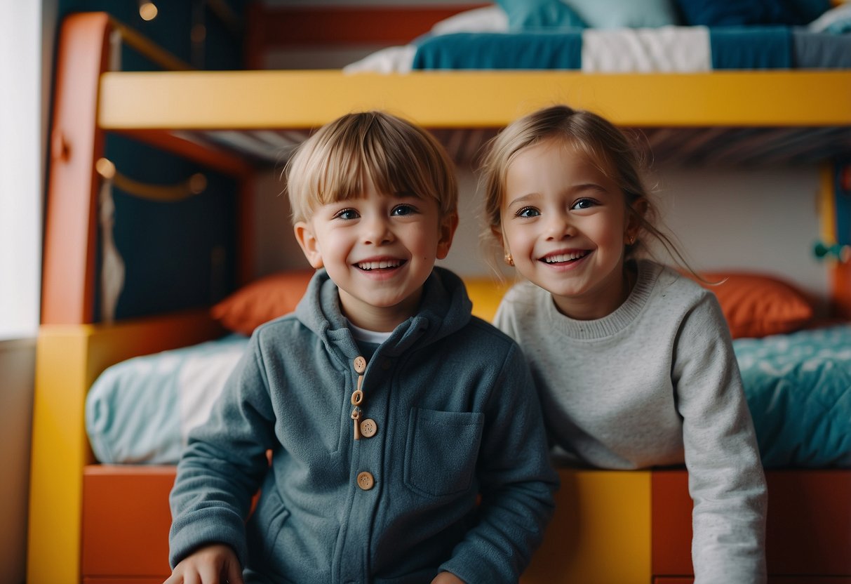 Two children happily climbing up and down a sturdy bunk bed, surrounded by colorful and playful furniture pieces