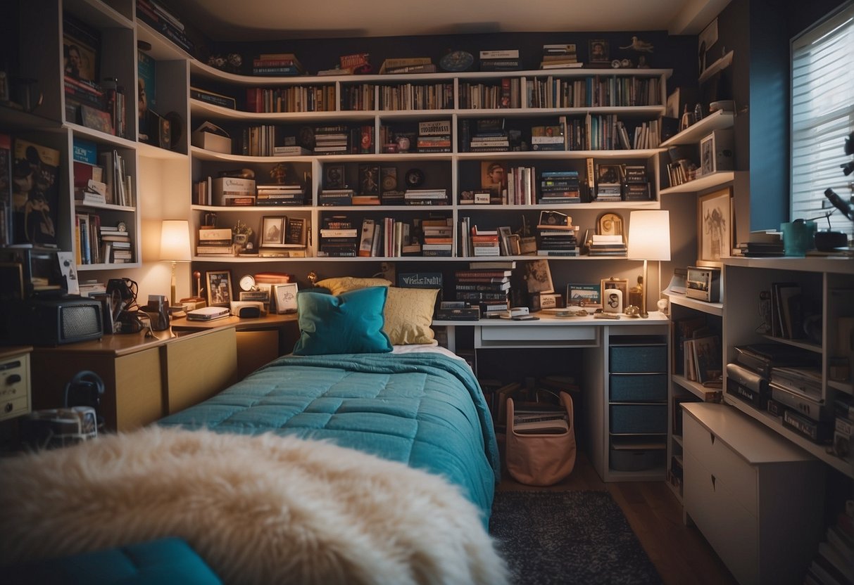 A cluttered teenage bedroom with twin beds, matching desks, and shelves overflowing with books and knick-knacks