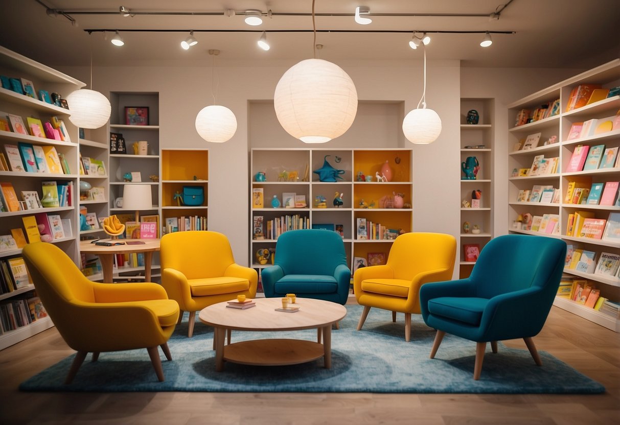 Children's Furniture Essentials showroom: colorful chairs, small tables, and bookshelves. Brightly lit, inviting space with playful decor and cozy seating options