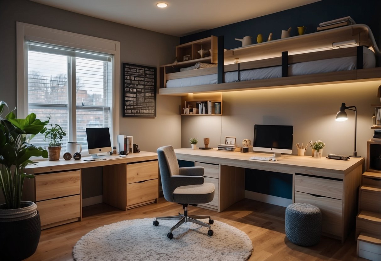 A teenager sits at a desk, surrounded by modern furniture in their bedroom. The room is stylish and functional, with a comfortable bed and plenty of storage options