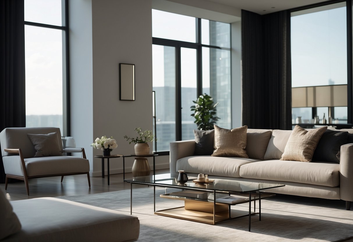 A sleek, minimalist living room with a wall-mounted entertainment center, a contemporary sofa, and a glass coffee table with metallic accents
