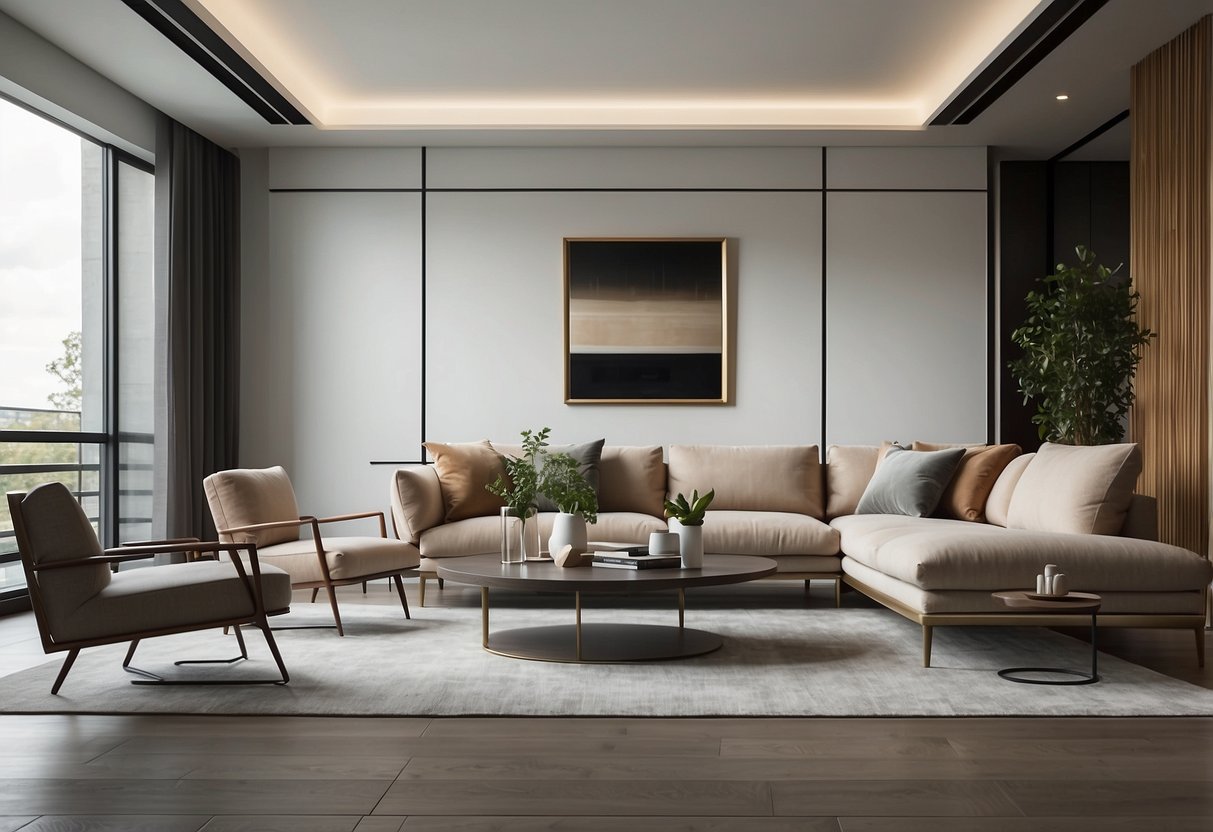 A room with sleek, minimalist furniture arranged in a modern setting. Clean lines, neutral colors, and a sense of spaciousness