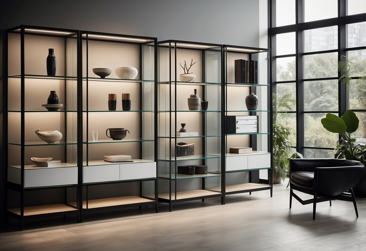 A sleek, minimalist modern furniture showcase with clean lines and glass shelving, displaying a curated selection of contemporary pieces