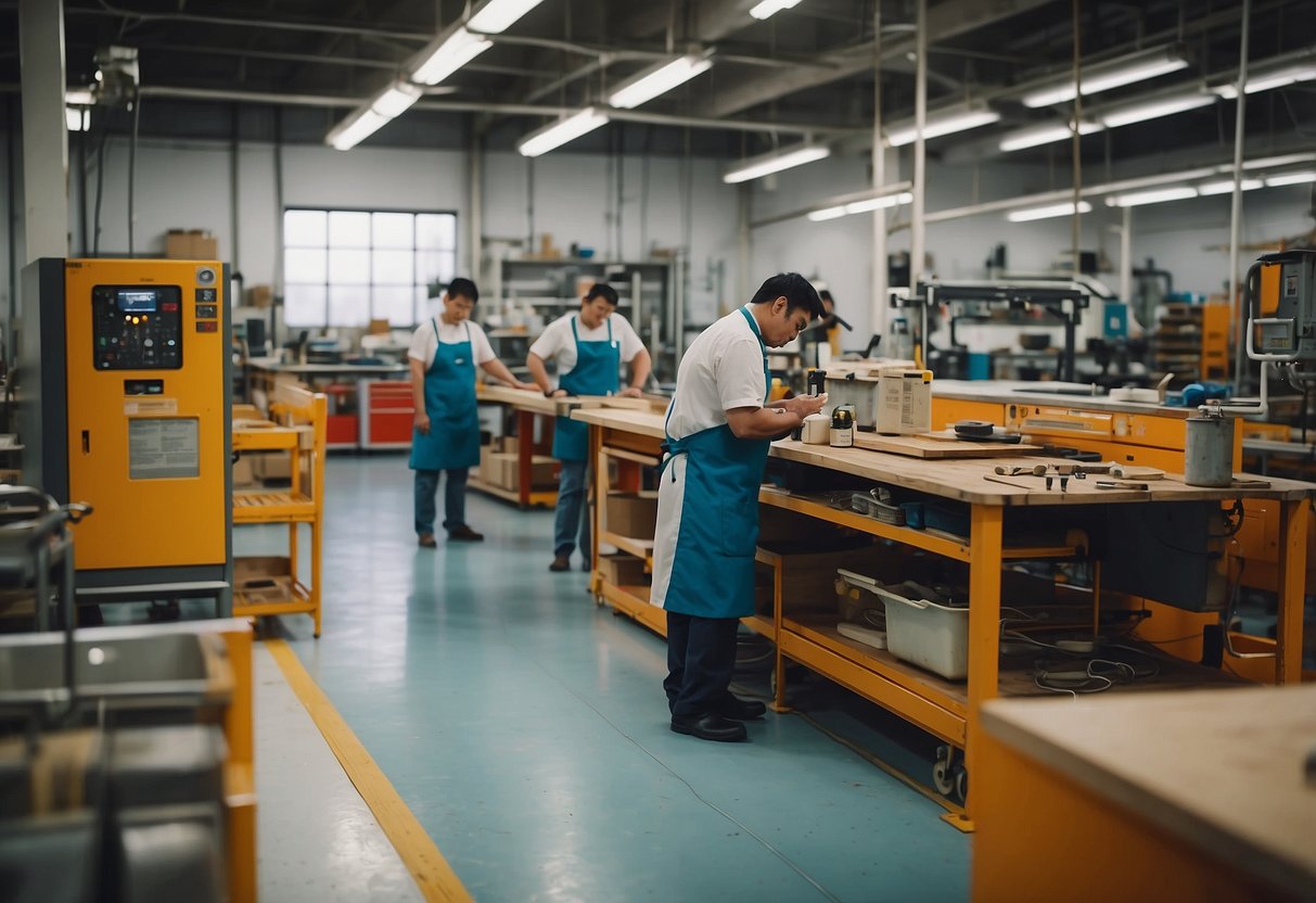 A brightly lit workshop with colorful, sturdy furniture being inspected for quality by workers in aprons