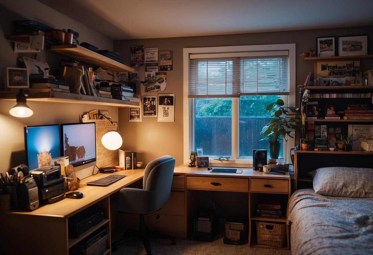 A cluttered teenage bedroom with a loft bed, desk, and shelves. Posters and personal items adorn the walls, creating a cozy and lived-in atmosphere