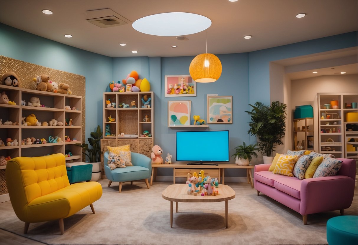 A colorful and playful showroom with a variety of child-sized furniture and toys, displayed neatly and attractively for easy browsing and selection