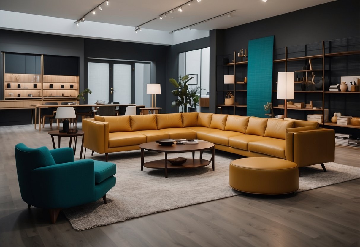 A sleek, minimalist furniture showroom with clean lines and bold colors. Various pieces are displayed with accompanying labels and price tags