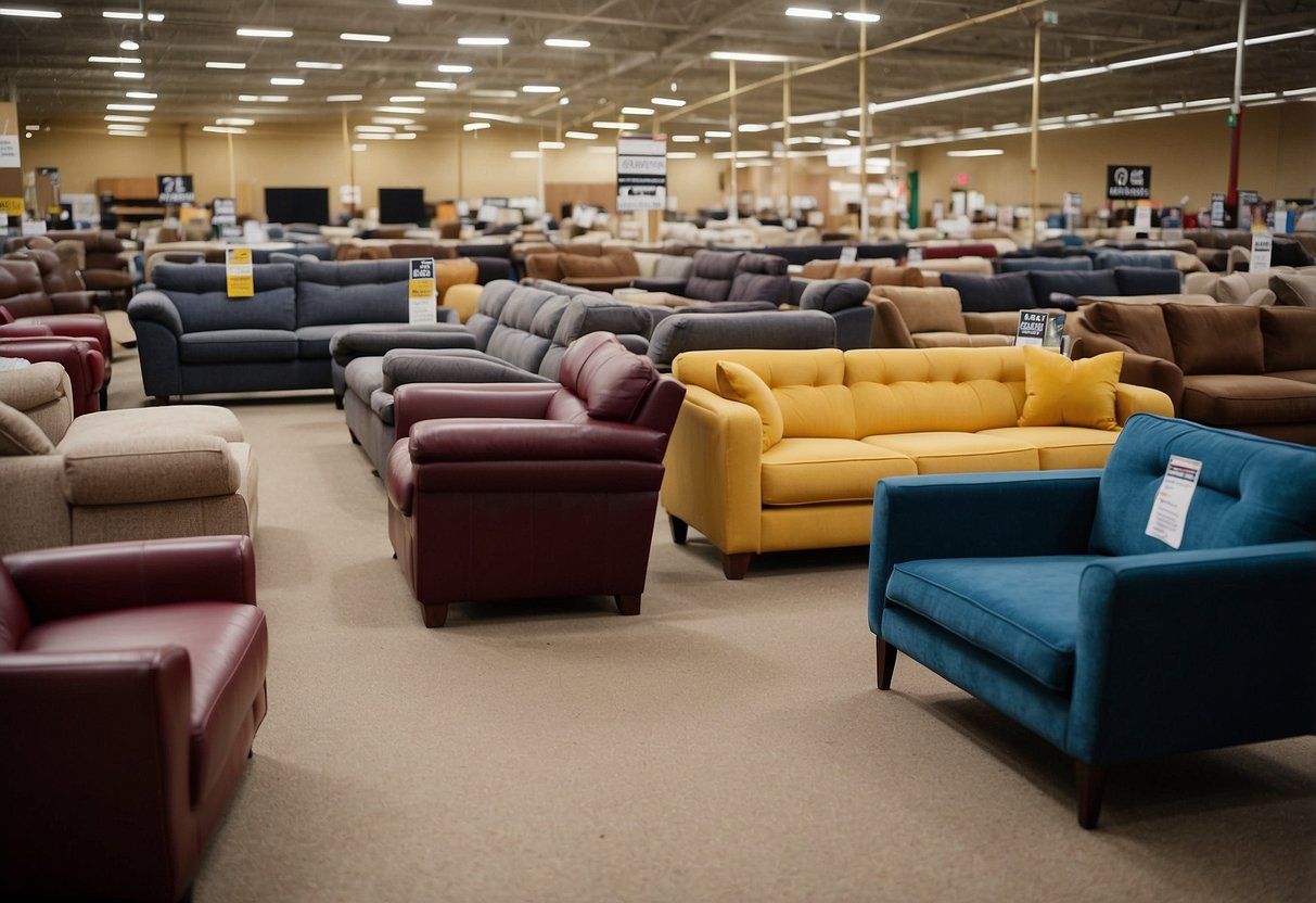 A furniture clearance outlet with rows of discounted sofas, tables, and chairs. Bright signs advertise low prices. Customers browse through the aisles