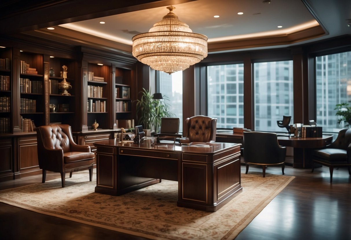 Luxurious office furniture gleams under soft lighting, showcasing rich wood, plush leather, and sleek metal accents. The opulent desk commands attention, flanked by elegant chairs and a grand bookcase
