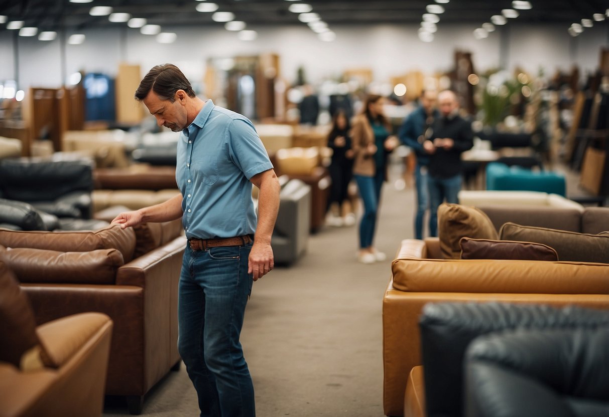 A customer browses through rows of discounted furniture at a clearance outlet, searching for the perfect piece to bring home
