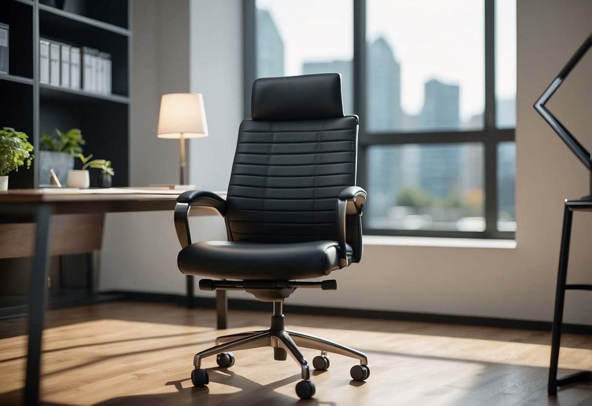 A sleek, modern office chair with adjustable lumbar support and cushioned armrests, paired with a spacious, height-adjustable desk, all bathed in soft, natural lighting