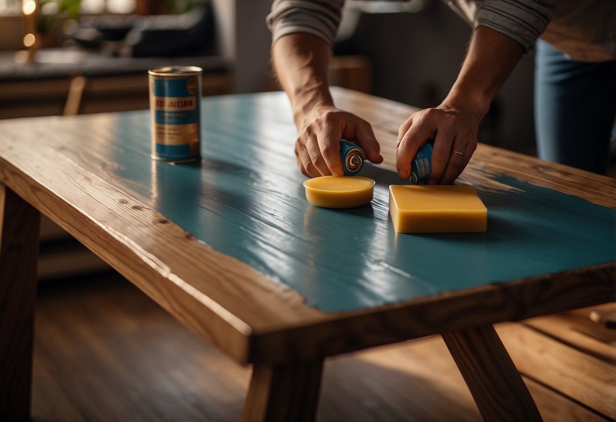 A wooden table being polished with furniture wax, with a soft cloth and a can of wax nearby