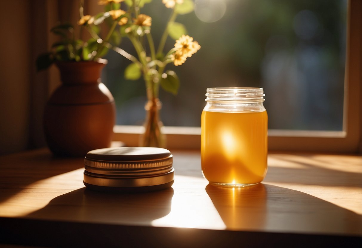 A wooden table with a jar of furniture wax, a cloth, and a brush on top. Sunlight streaming in through a window, casting a warm glow on the table