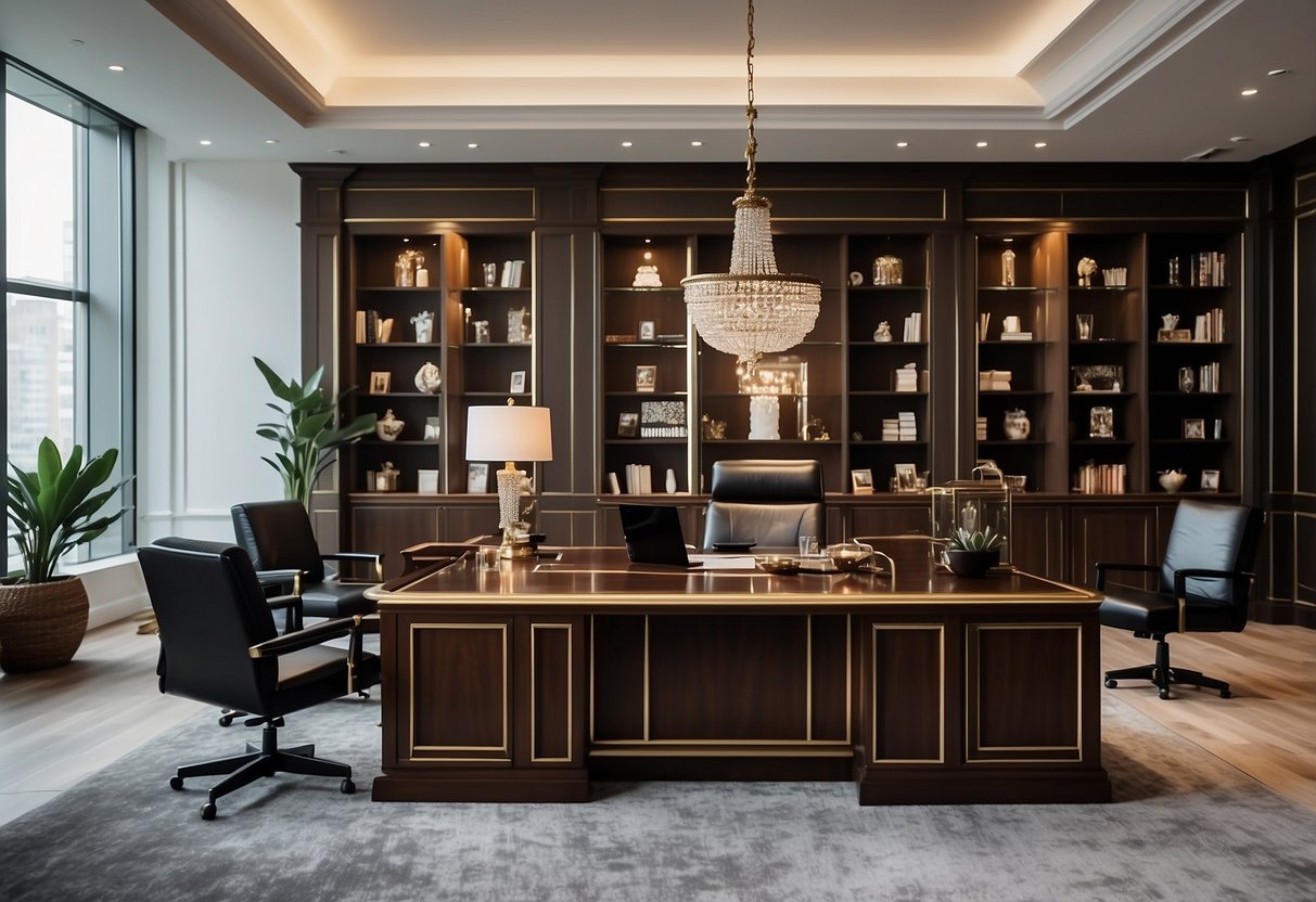 A luxurious office space with sleek, modern furniture, featuring a grand executive desk, plush leather chairs, and ornate decorative accents