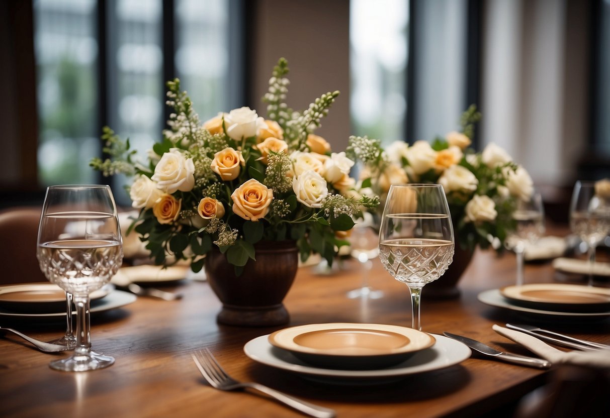 An oak dining table surrounded by matching chairs, set with elegant tableware and a vase of flowers as the centerpiece