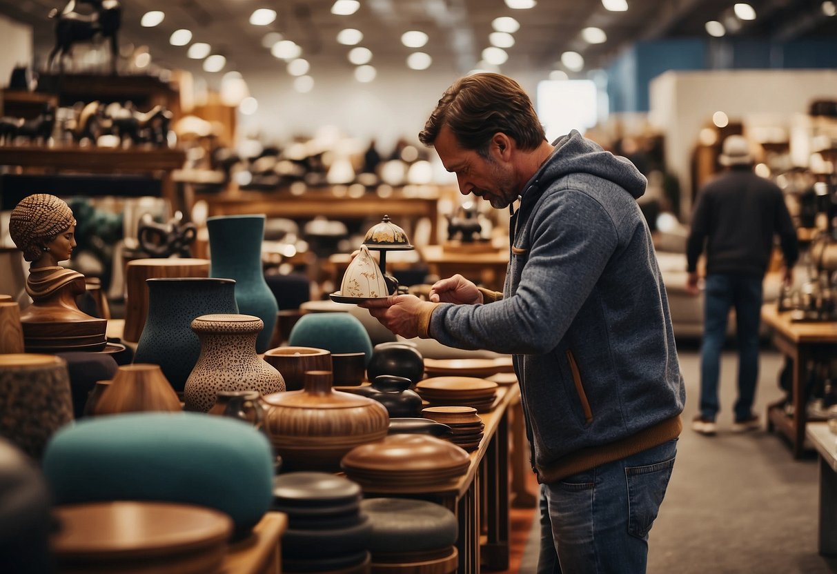 A customer browsing through various furniture pieces at a clearance outlet, carefully examining and selecting the right items for their home