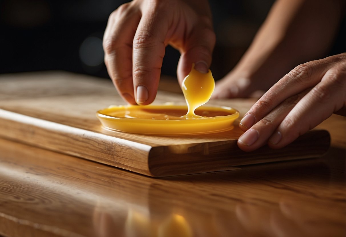 A hand applies furniture wax to a wooden table, then buffs it to a shine with a soft cloth