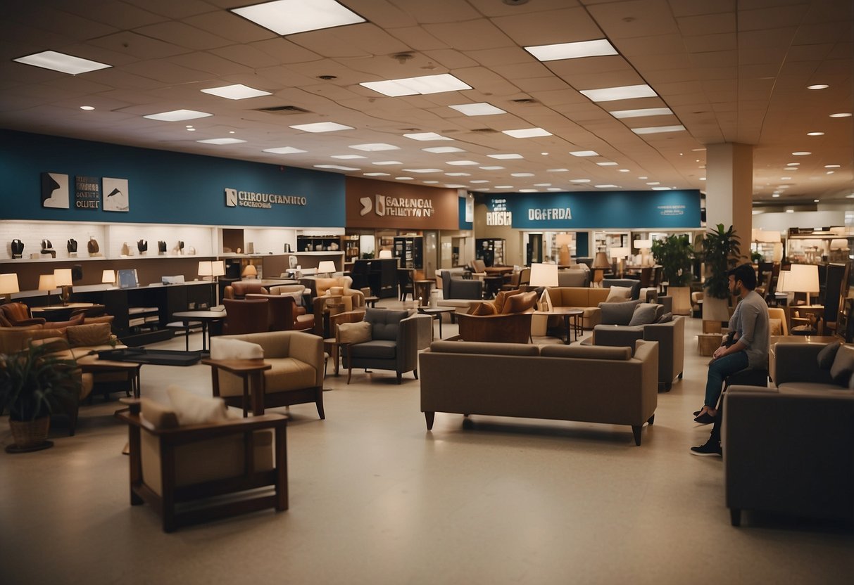 A bustling furniture clearance outlet with customers browsing, staff assisting, and signs displaying "Frequently Asked Questions" prominently near the entrance