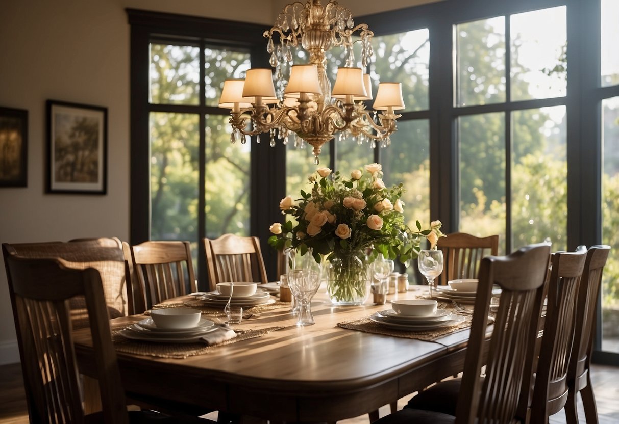 A table set with oak dining room furniture, chairs neatly arranged, a chandelier overhead, and sunlight streaming through the window