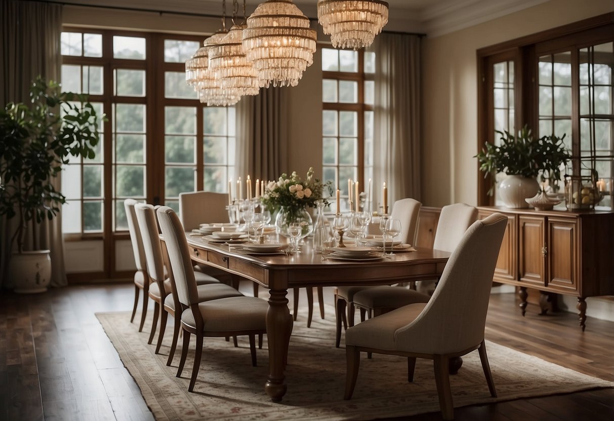 A well-lit dining room with elegant oak furniture, set with fine china and crystal glassware, creating a warm and inviting atmosphere