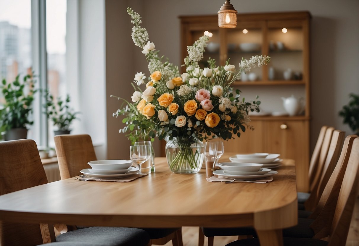 A cozy dining room with a large oak table surrounded by matching chairs. A sideboard against the wall holds neatly arranged place settings and a vase of flowers