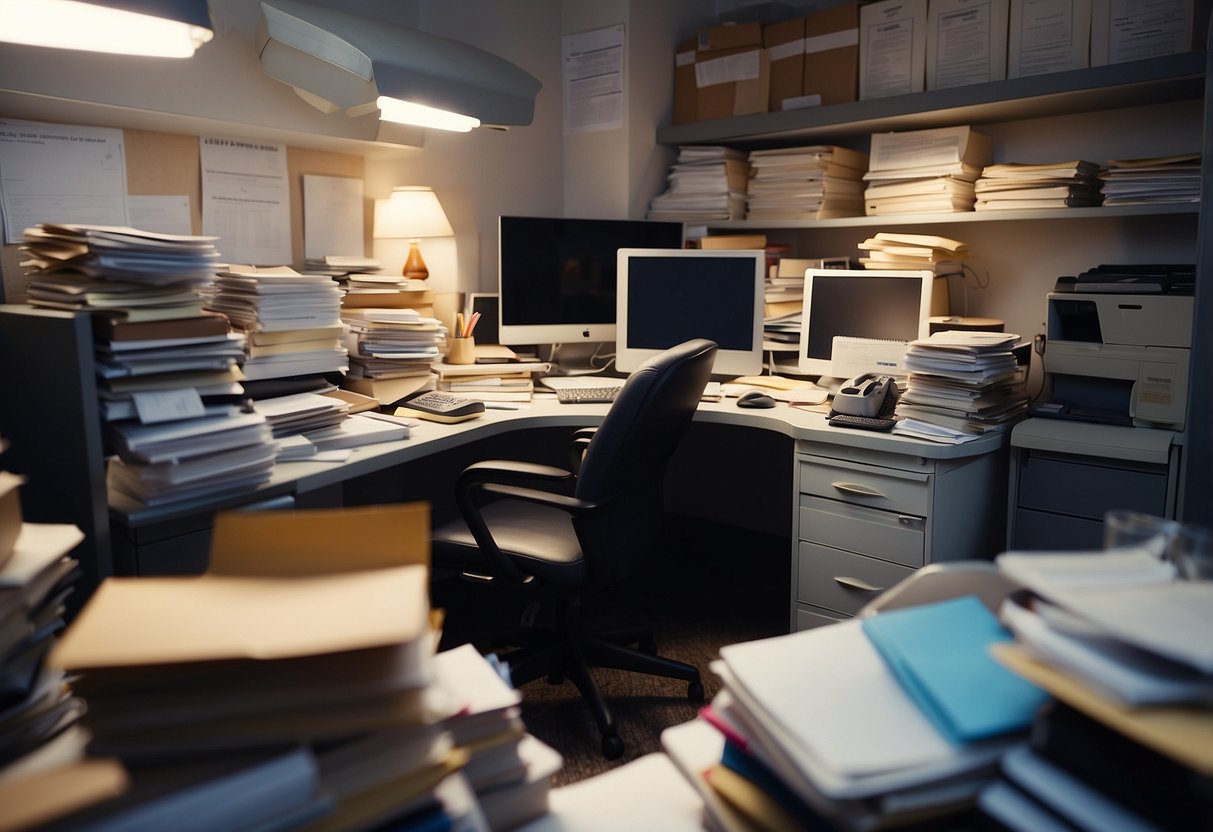 A cluttered office with a desk, chair, computer, and filing cabinet. Papers and office supplies are scattered around