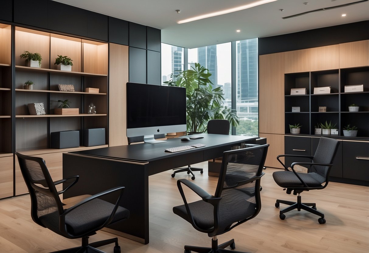 A showroom displaying modern office furniture in Singapore. Clean lines, sleek designs, and a variety of layouts showcased