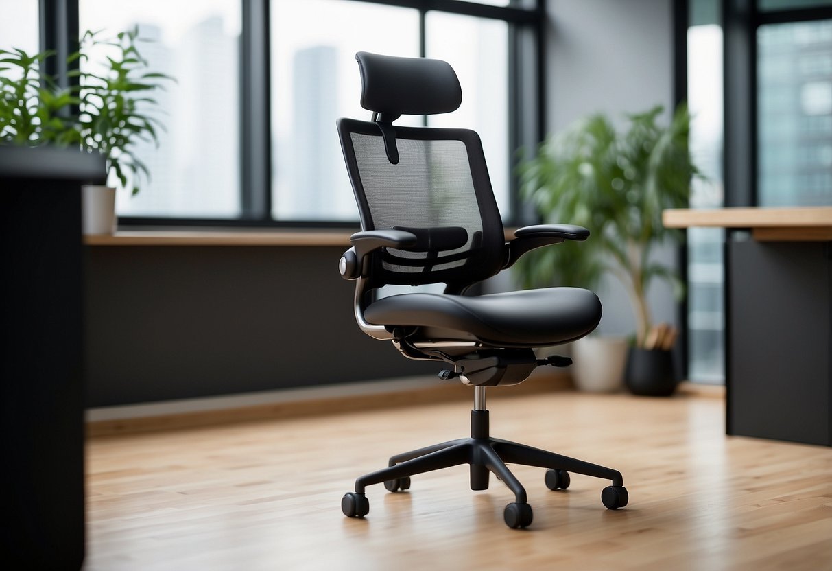 A sleek, modern task chair with adjustable lumbar support and a breathable mesh backrest, set against a clean, minimalist office backdrop