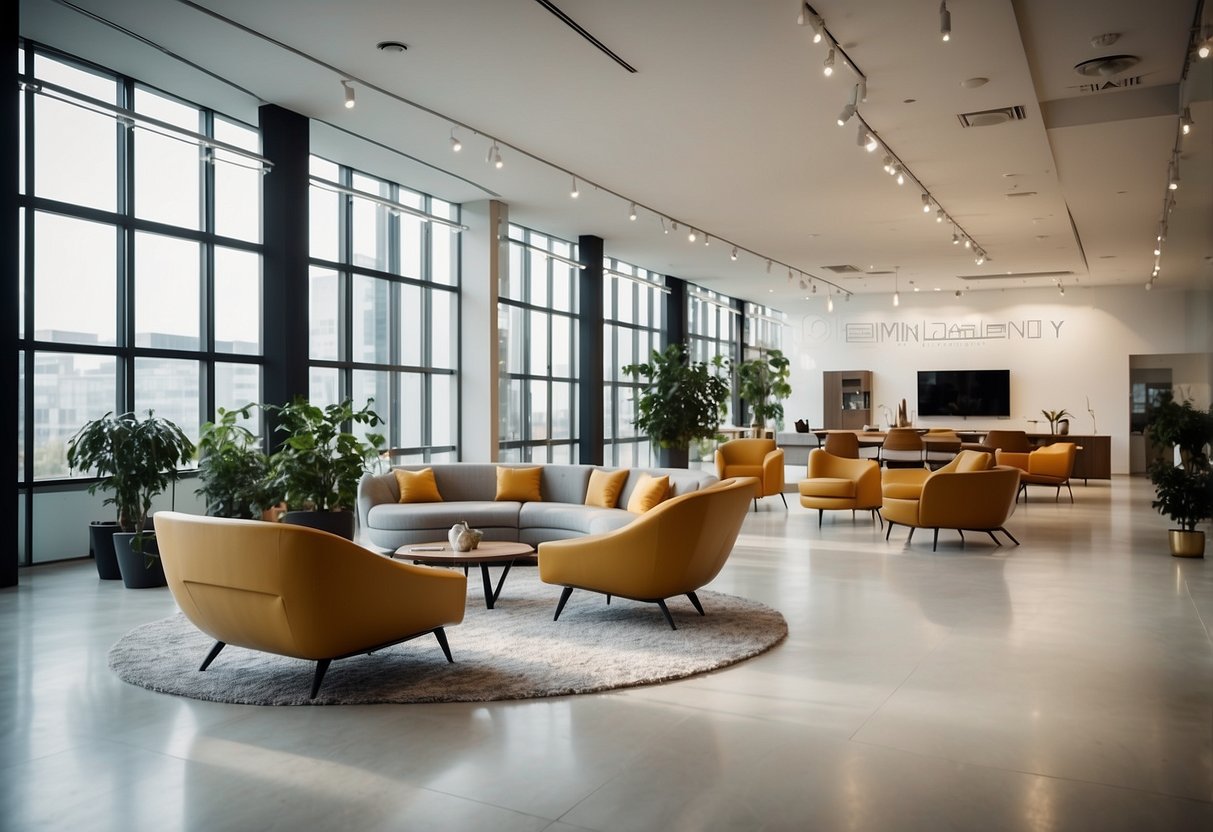 A spacious showroom with sleek, modern furniture displays. Clean lines and innovative designs showcase the versatility of System Furniture Solutions