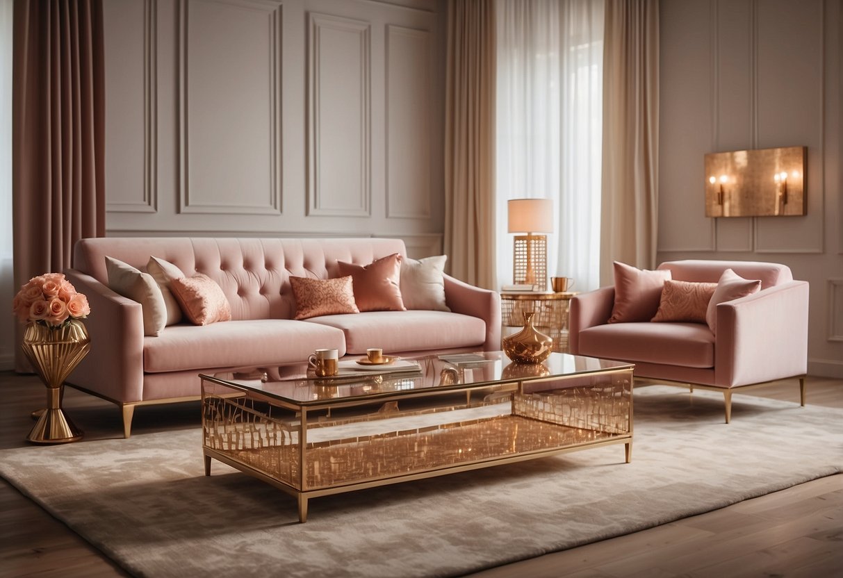 A luxurious living room with rose gold furniture, including a sofa, coffee table, and accent chairs, bathed in soft, warm lighting