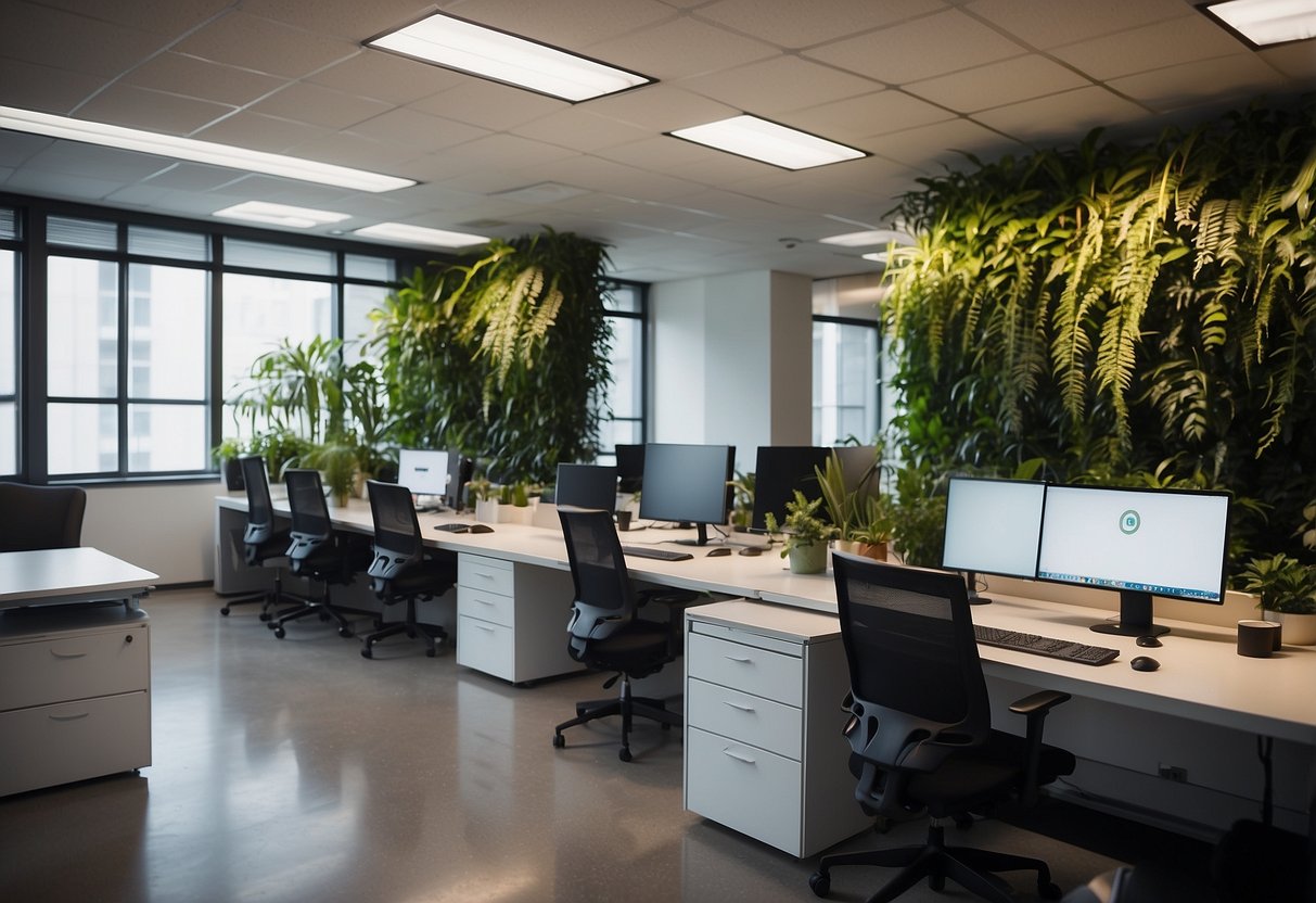 A modern office space with ergonomic chairs, adjustable desks, and storage cabinets. Natural lighting and plants create a comfortable and efficient work environment