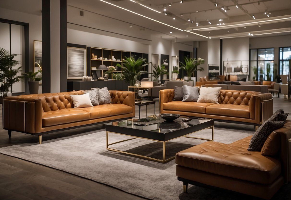 A spacious showroom displays a variety of modern and classic furniture pieces. Bright lighting highlights the sleek designs and rich textures of the products
