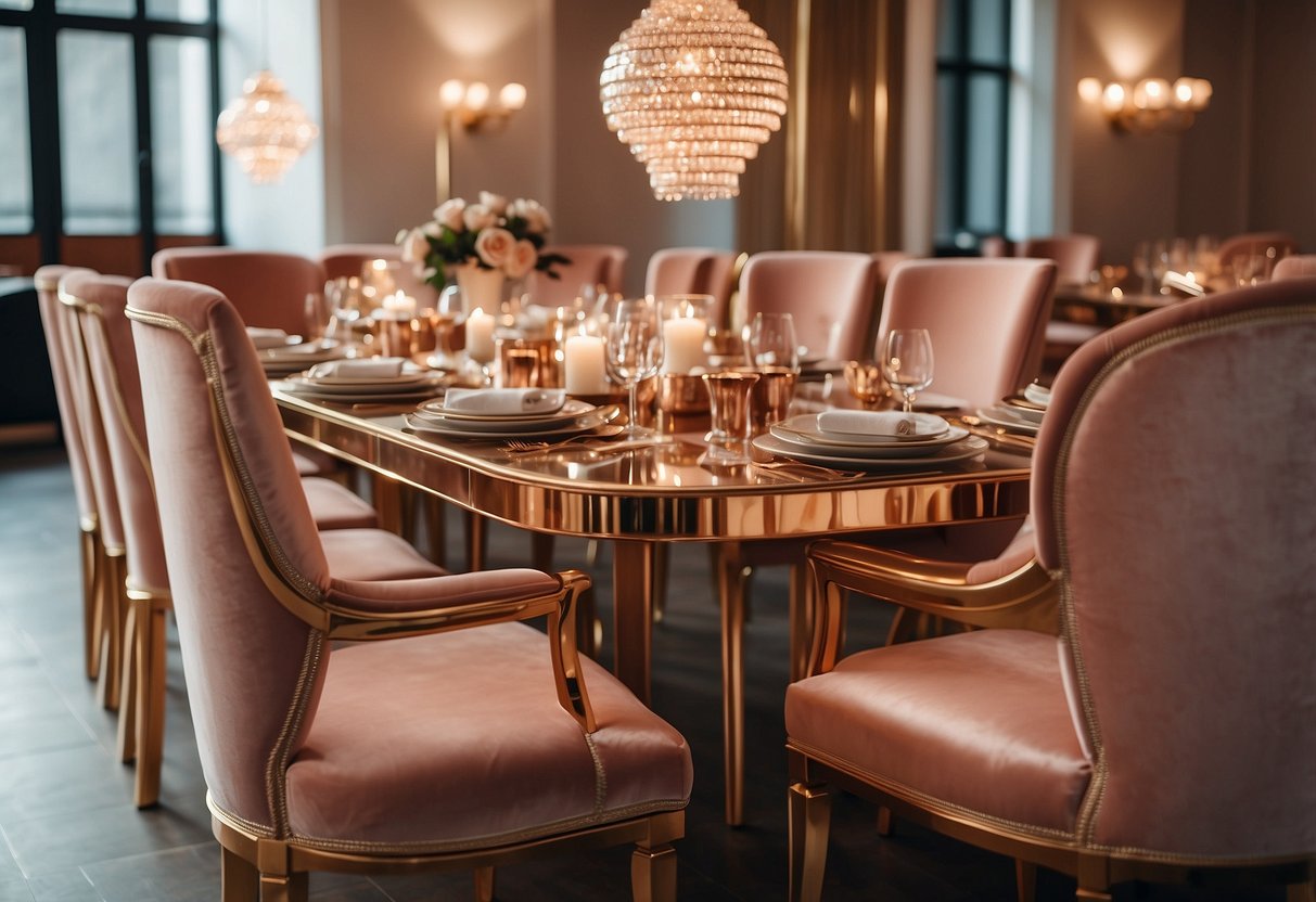 A room filled with rose gold furniture, including chairs, tables, and lamps, creating a luxurious and elegant ambiance