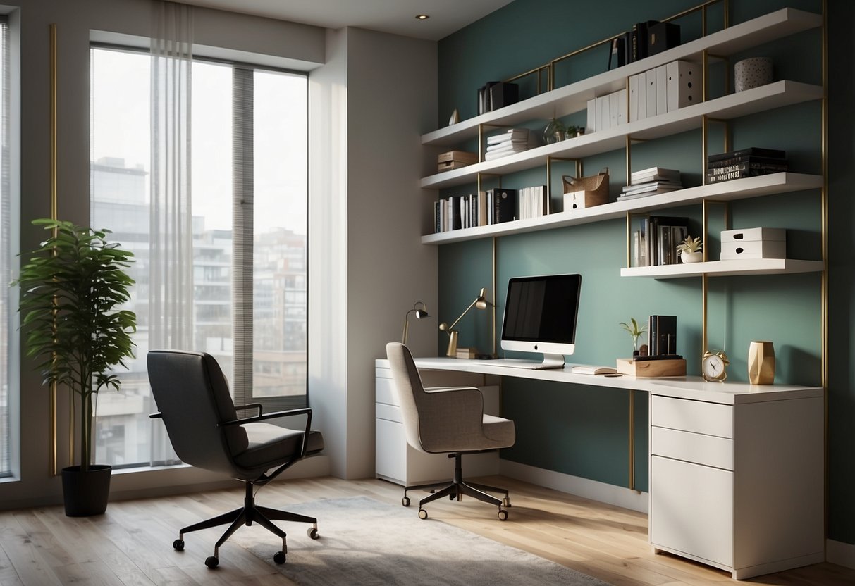 A compact desk with built-in storage sits against a wall, flanked by sleek shelves and a space-saving chair. The room is bright and organized, with a minimalist design aesthetic