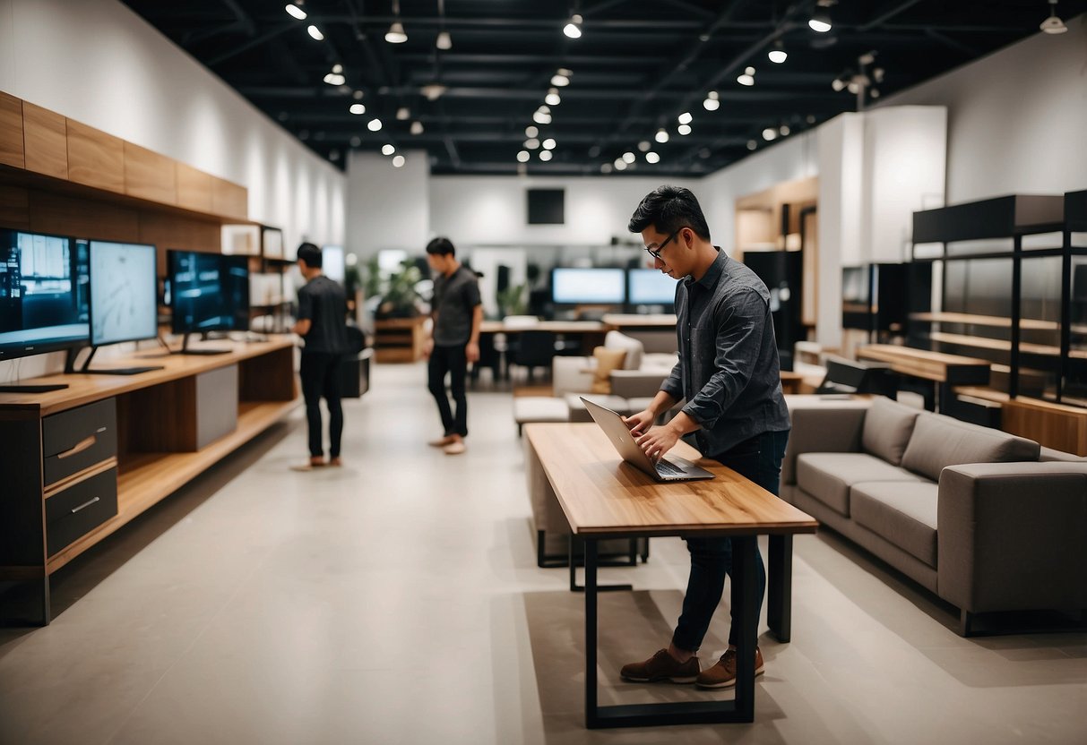 A person browsing through a variety of system furniture options at a supplier showroom in Singapore