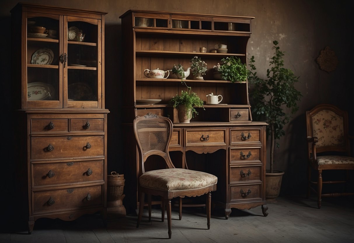 An assortment of worn, vintage furniture displayed for sale in a dimly lit, dusty room. Pieces include a weathered wooden table, a faded floral armchair, and a chipped dresser with ornate handles
