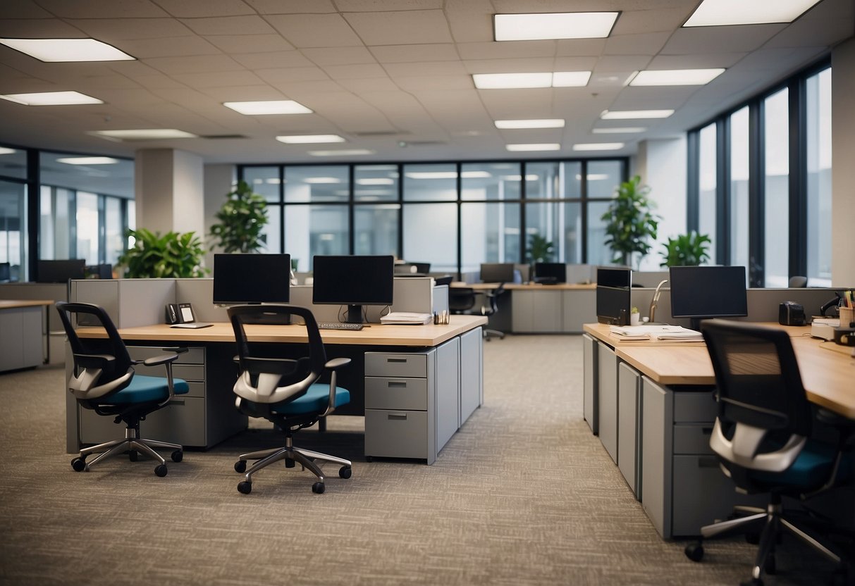 A modern office with desks, chairs, and filing cabinets. A sign reads "Frequently Asked Questions" above a help desk