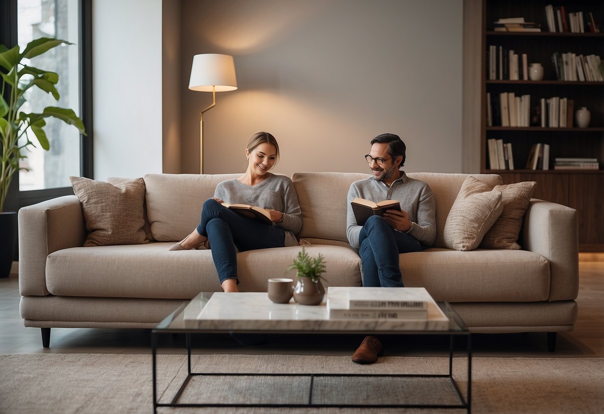 A cozy living room with a plush Rossini sofa, soft lighting, and a sleek coffee table. A customer relaxes with a book, a satisfied smile on their face