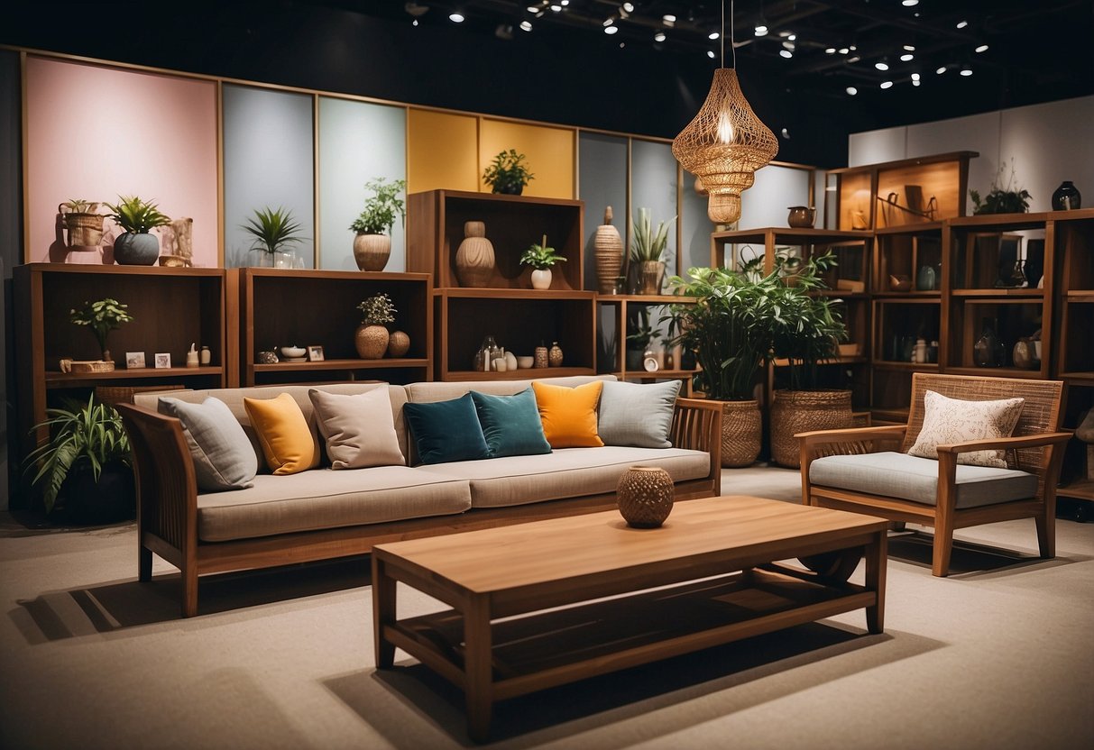 A wide array of modern and traditional furniture displayed at Singapore Expo, with vibrant lighting and spacious aisles for visitors to explore