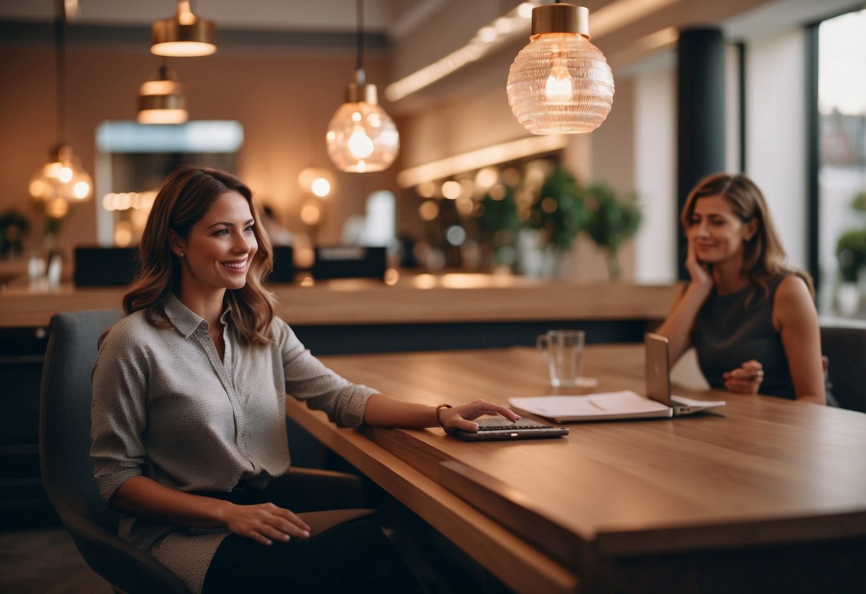 A customer service representative provides information on rose gold furniture to a customer