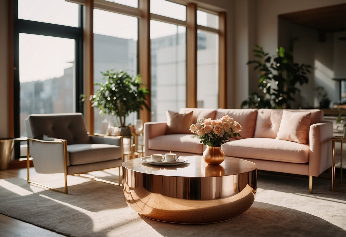 A sleek, rose gold coffee table sits in a modern living room, surrounded by matching chairs and a sofa. The sunlight catches the metallic sheen, casting a warm glow throughout the space