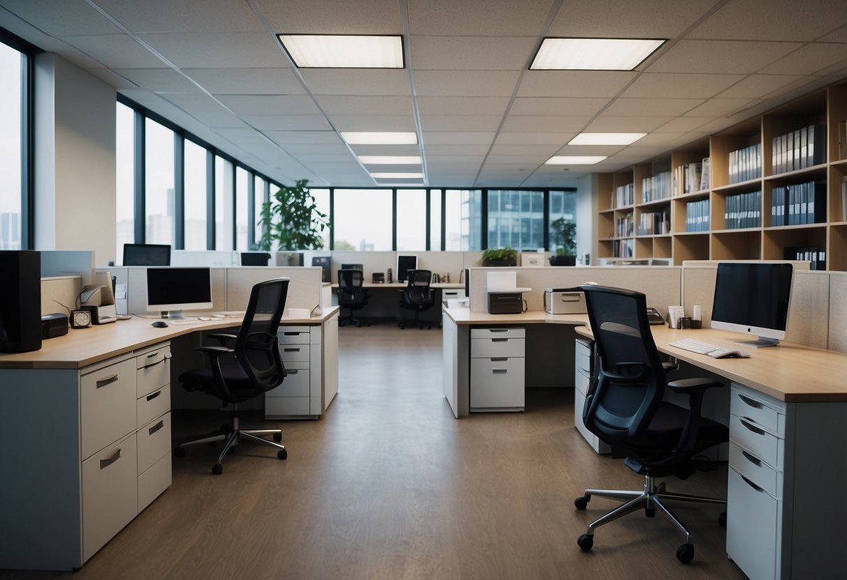 The office space is filled with space-efficient furniture and storage solutions. Shelves, cabinets, and desks are neatly organized to maximize the use of space