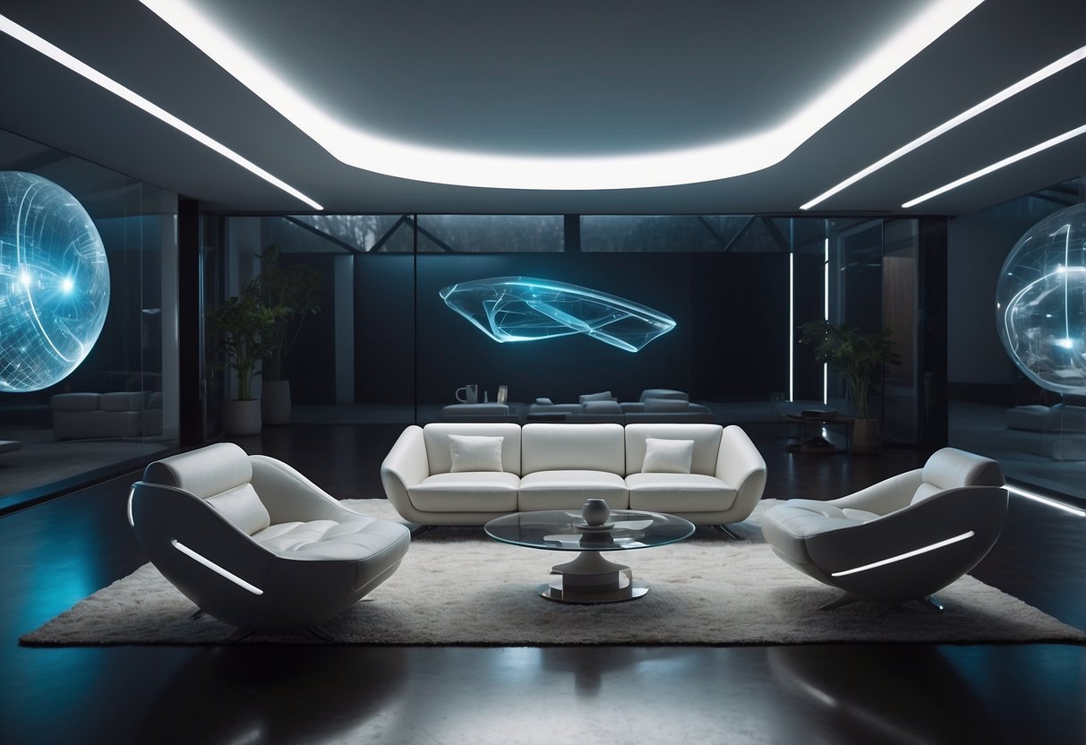 A futuristic living room with sleek, minimalist furniture. A holographic display projects FAQs about furniture's future