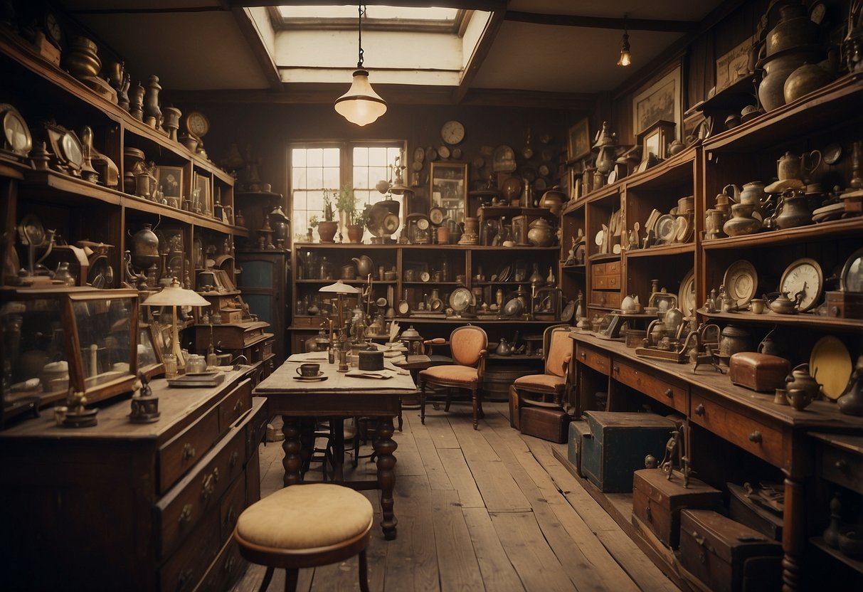 A cluttered antique shop with dusty shelves and vintage furniture stacked haphazardly, waiting to be discovered by treasure hunters