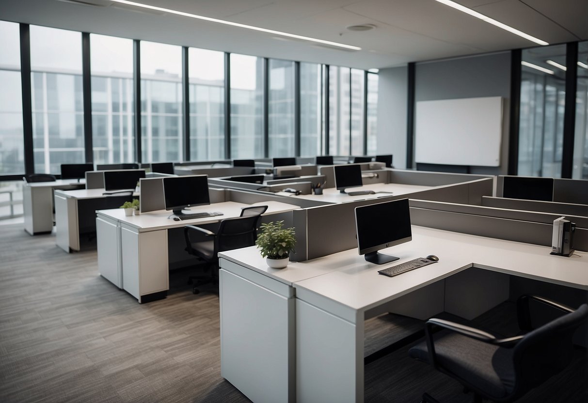 A modern, compact office with sleek, space-efficient furniture. Clean lines, minimalistic design, and efficient use of space