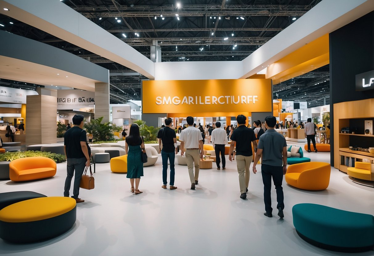 Visitors wander through rows of modern furniture displays at the Singapore Expo, admiring sleek designs and vibrant colors