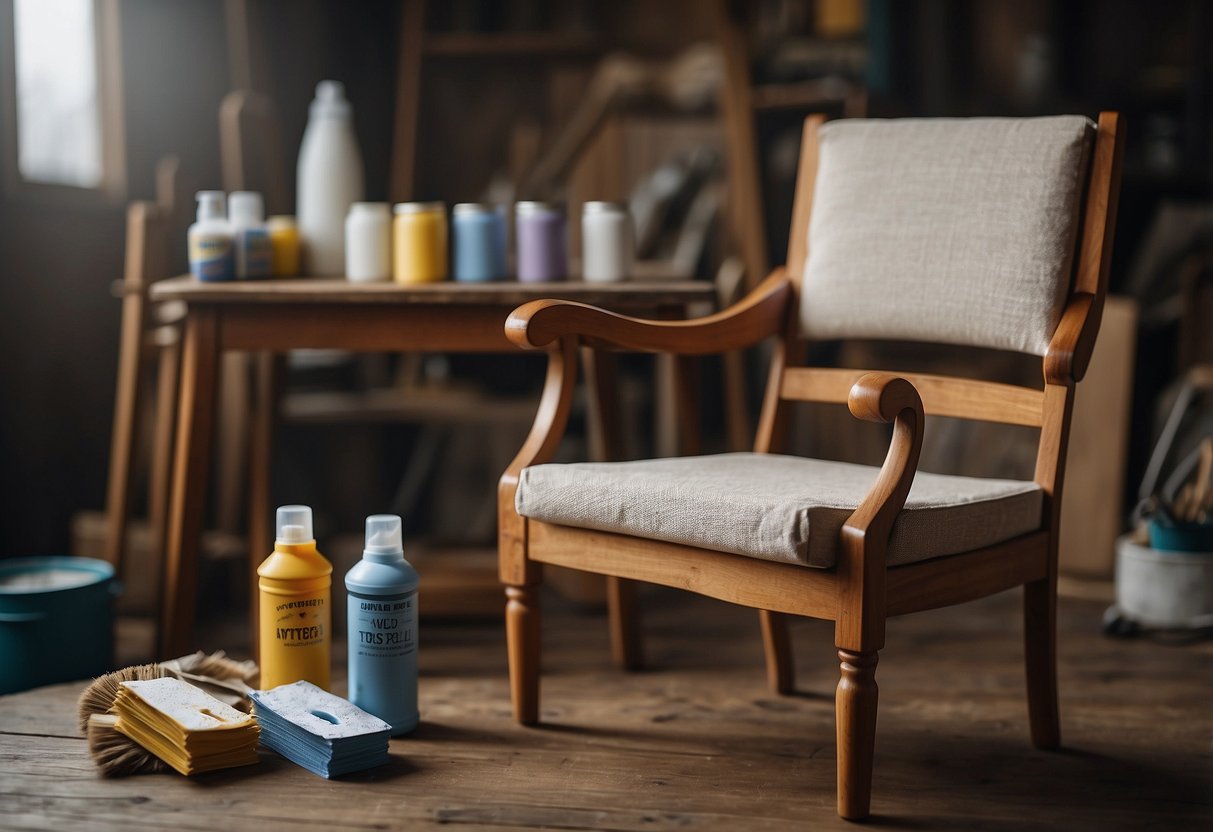 A wooden chair sits on a drop cloth, surrounded by cans of spray paint and paintbrushes. A table holds sandpaper and paint swatches
