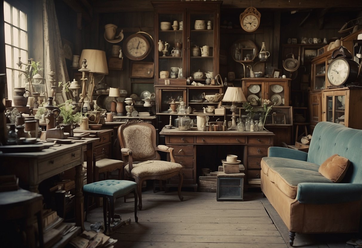 A cluttered antique shop with dusty, weathered furniture for sale. Items are arranged haphazardly, with chipped paint and worn upholstery